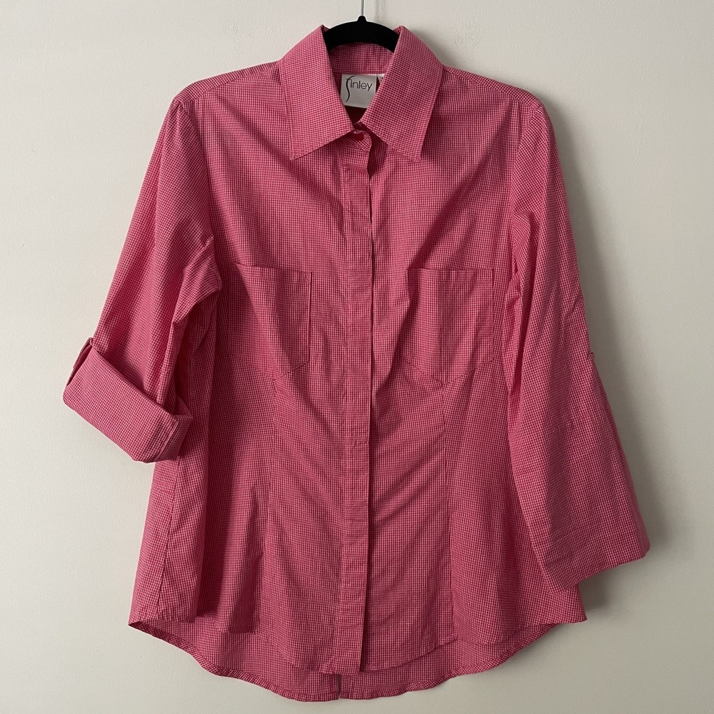 Finley Milly Mini Check Pink Hidden Button Up Shirt Size M Roll Tab Sleeve USA